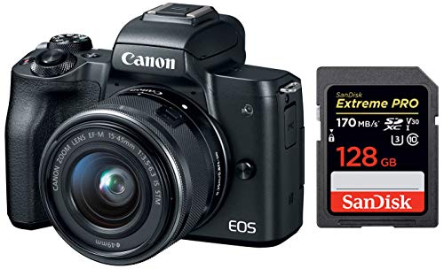 Canon EOS M50 24.1MP Mirrorless Camera (Black) with EF-M 15-45 is STM Lens + SanDisk 128GB Extreme Pro SDXC UHS-I Card - C10, U3, V30, 4K UHD, SD Card